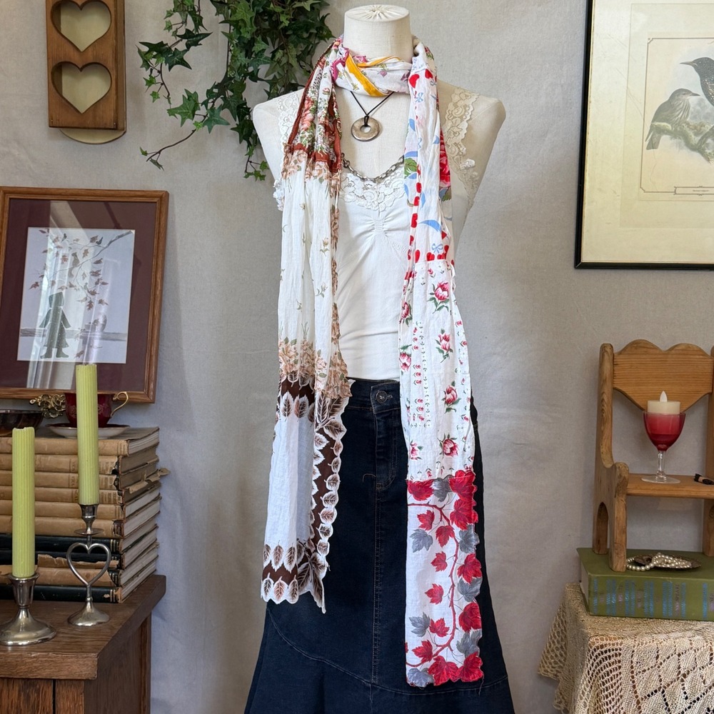 Patchwork Floral Cotton Scarf Scalloped Edge Cottagecore Boho OS Vintage Granny